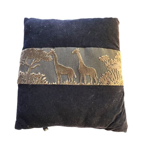 Throw Pillow Velvety Giraffe Safari animal trees nature boho vtg Bess Navy tan - Picture 1 of 5